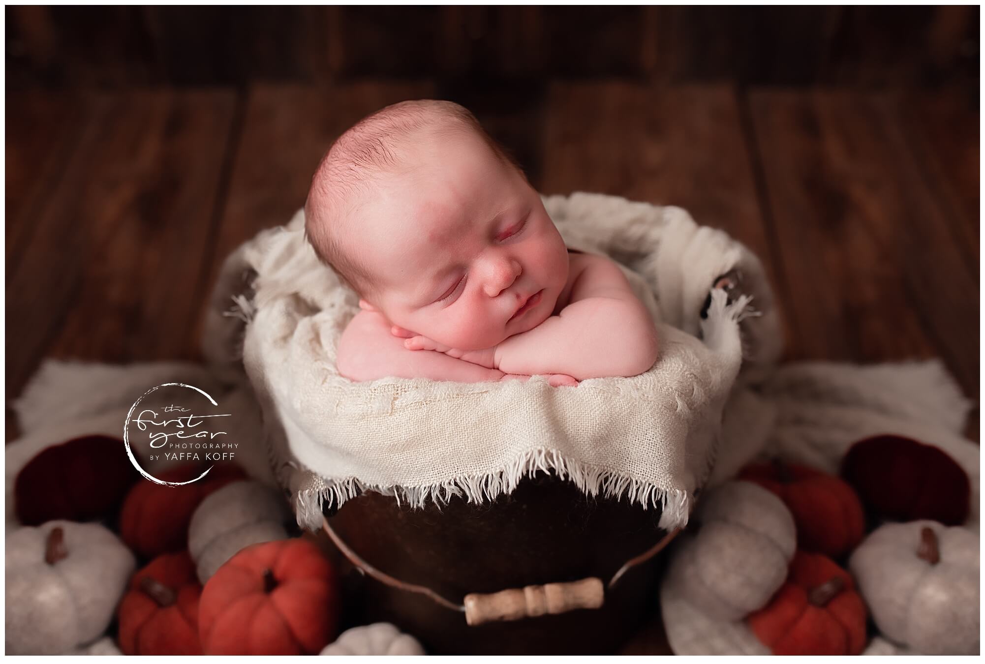 Newborn baby Yehuda peacefully sleeping in a cozy basket.