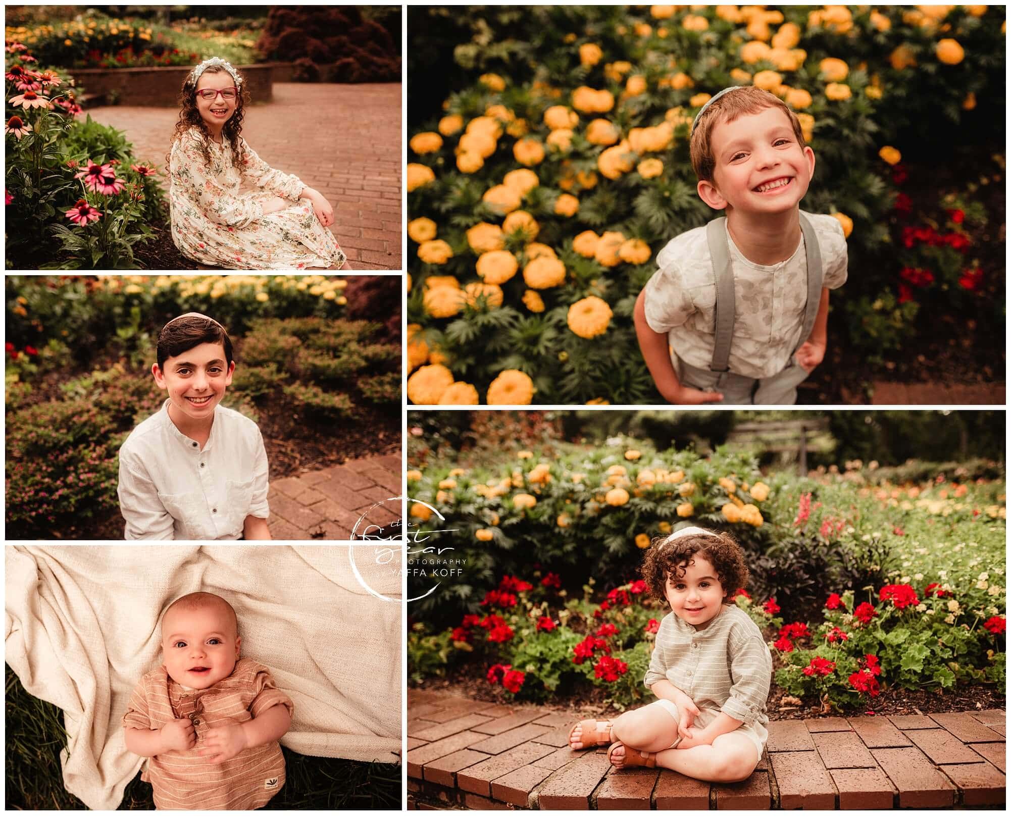 Outdoor family portraits in Silver Spring, MD with smiling children among vibrant flowers.