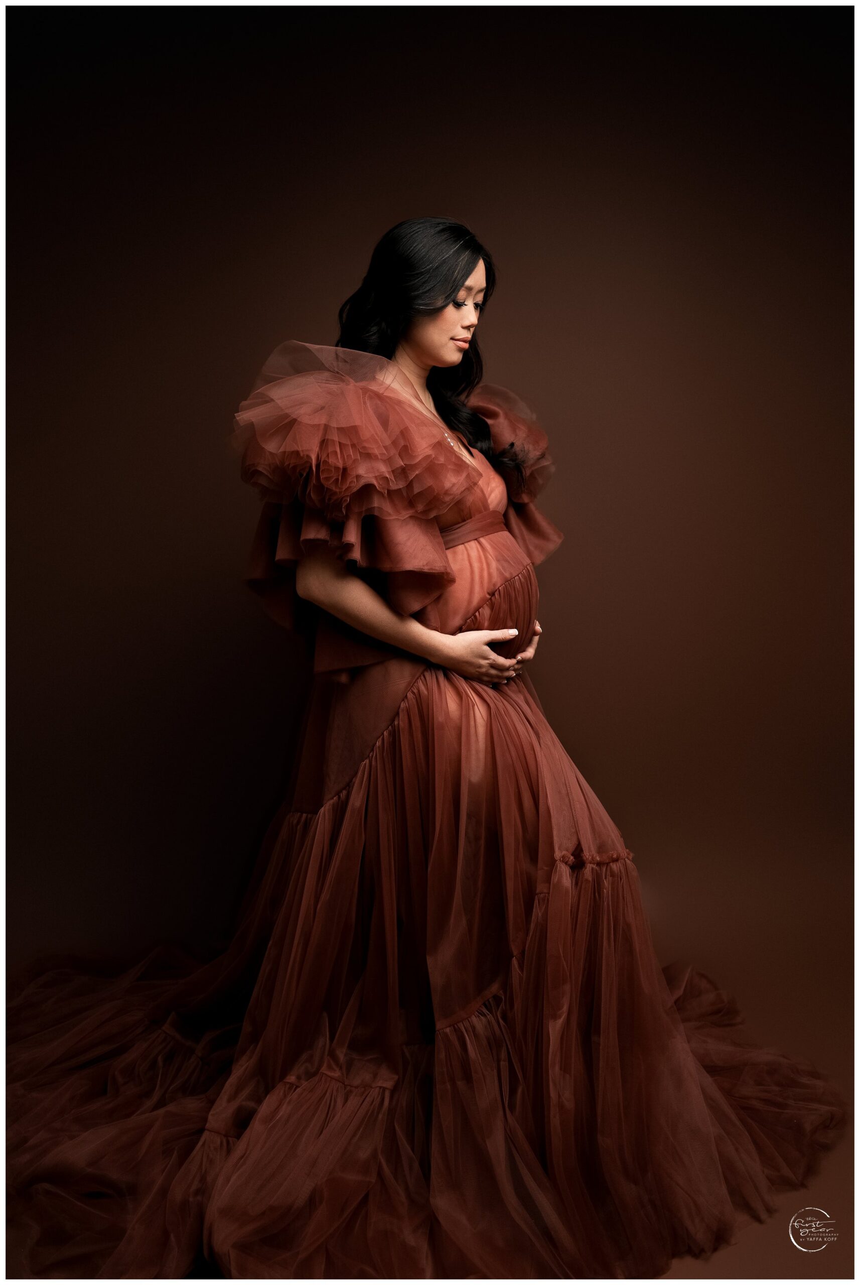 Maternity photo of a pregnant woman in a flowing brown tulle gown, highlighting her baby bump with a.