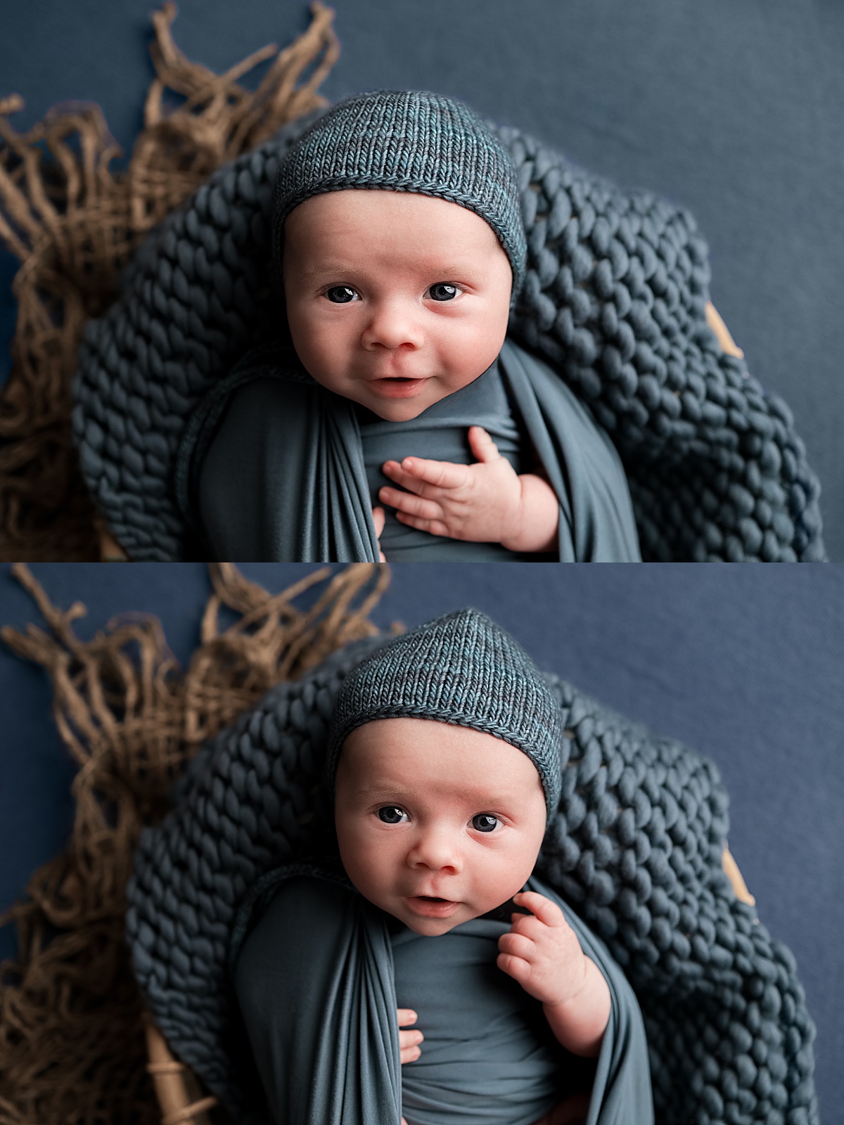 baby in blue knit hat lying in basket for The Yaffa Koff Experience