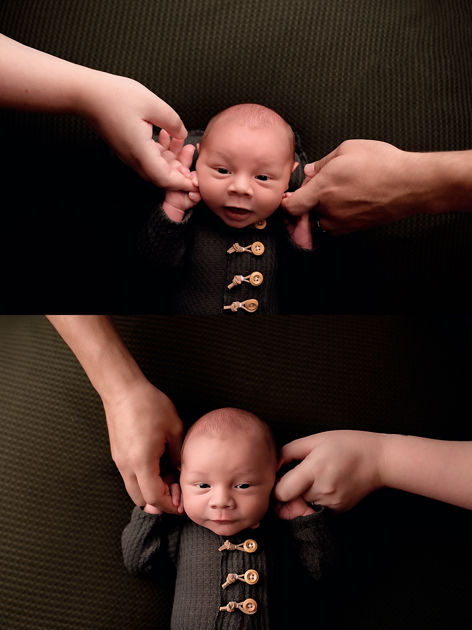 small baby holds hands during safety for newborn photo shoots