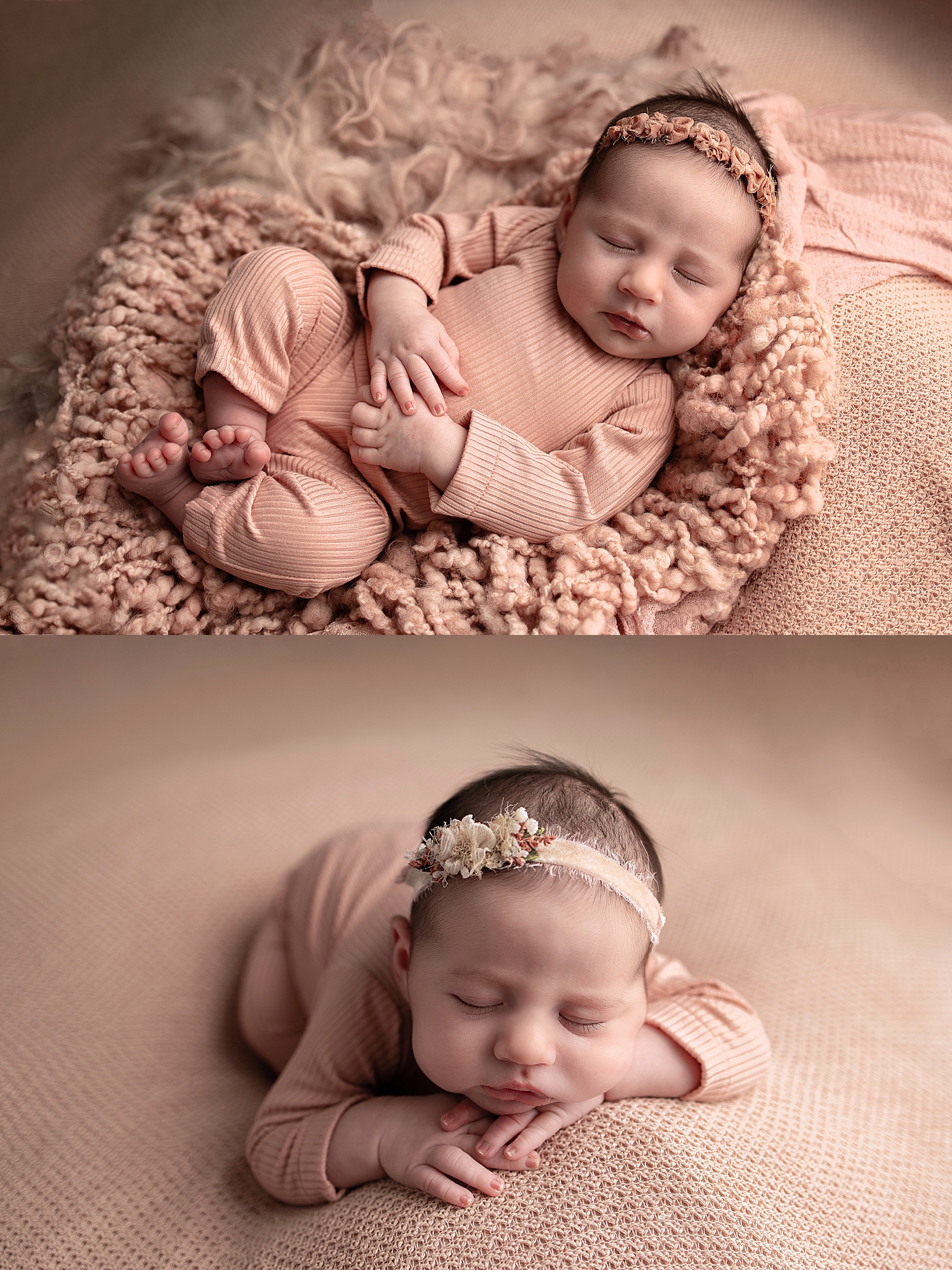little girl in pink on blanket for Washington DC newborn shoot