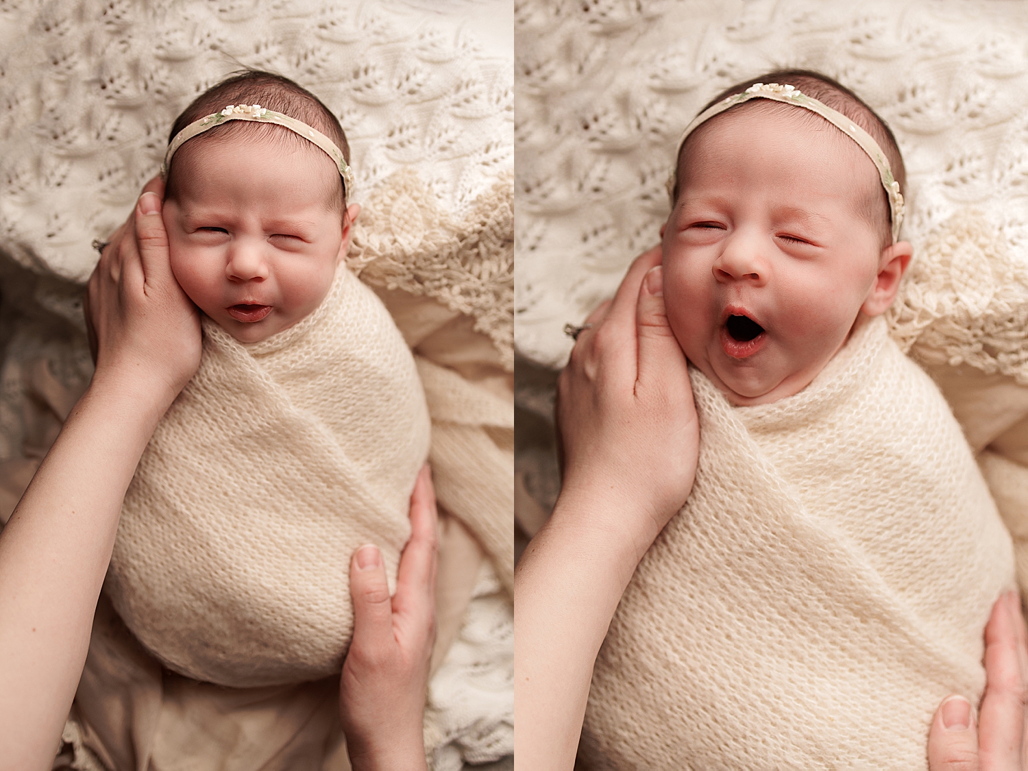 baby smiles in cream wrap for Washington DC newborn shoot