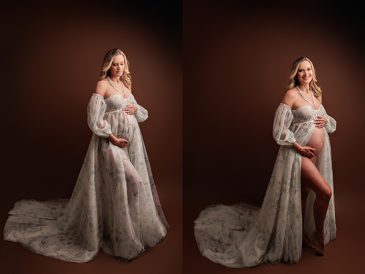 blonde woman in long dress holds her belly for washington DC maternity session