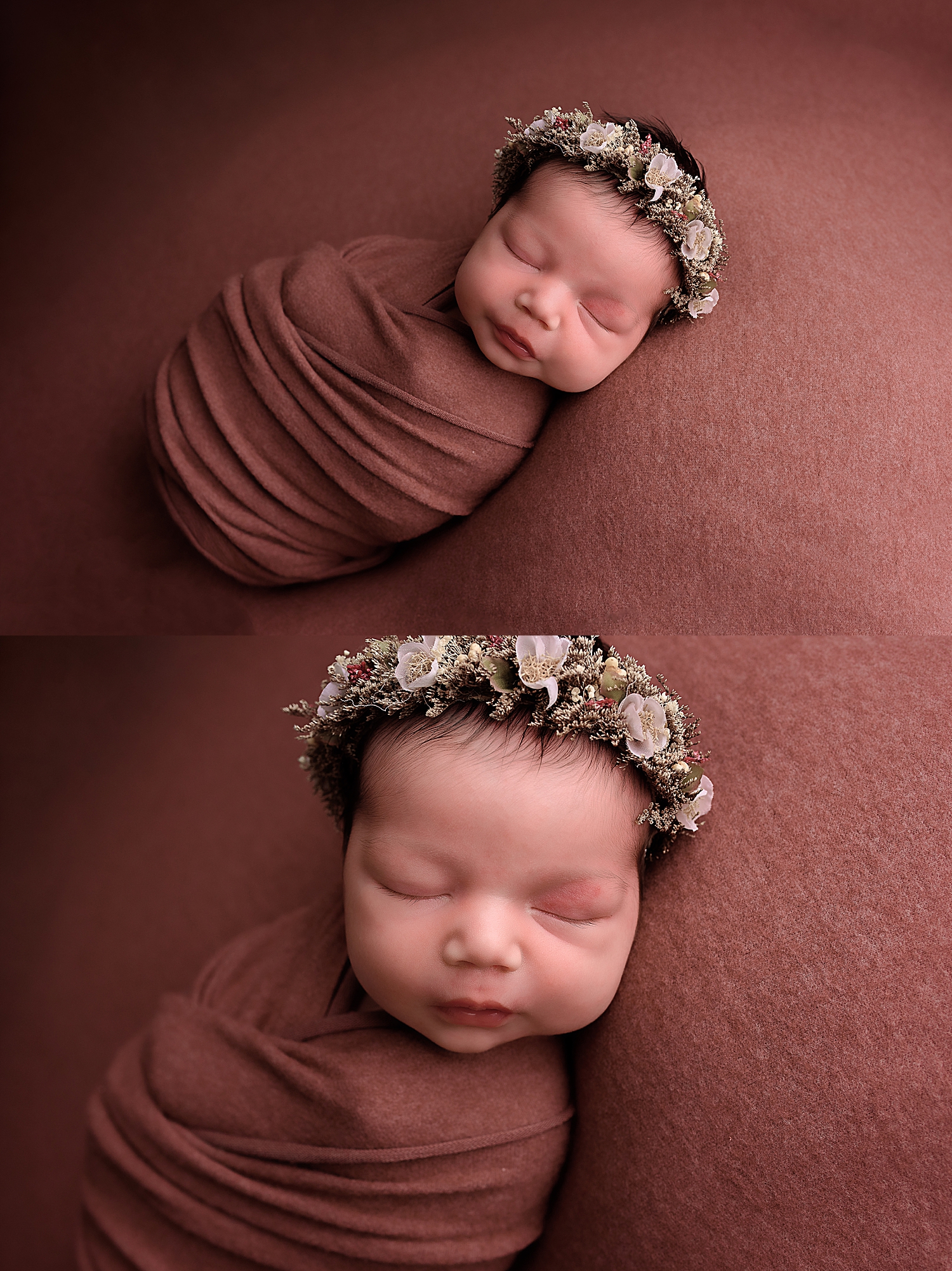 little baby wrapped in pink cloth for colorful newborn sessions