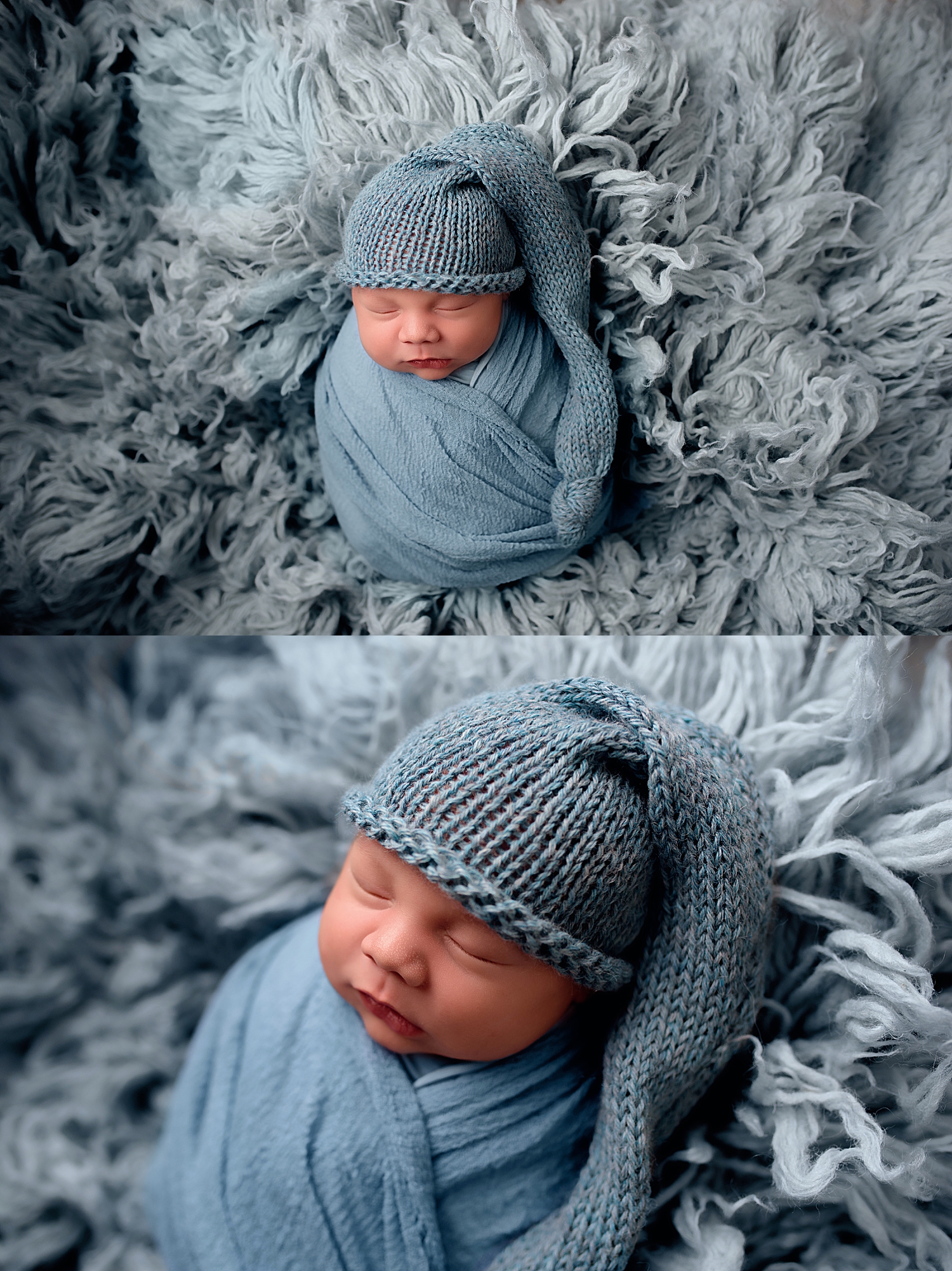 little one in blue hat on fluffy backdrop for colorful newborn sessions