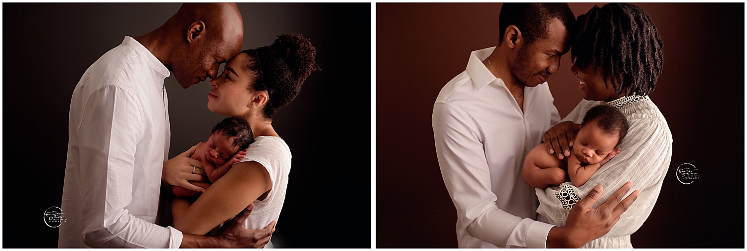 parents snuggle their little one while wearing white by Silver Spring family photographer