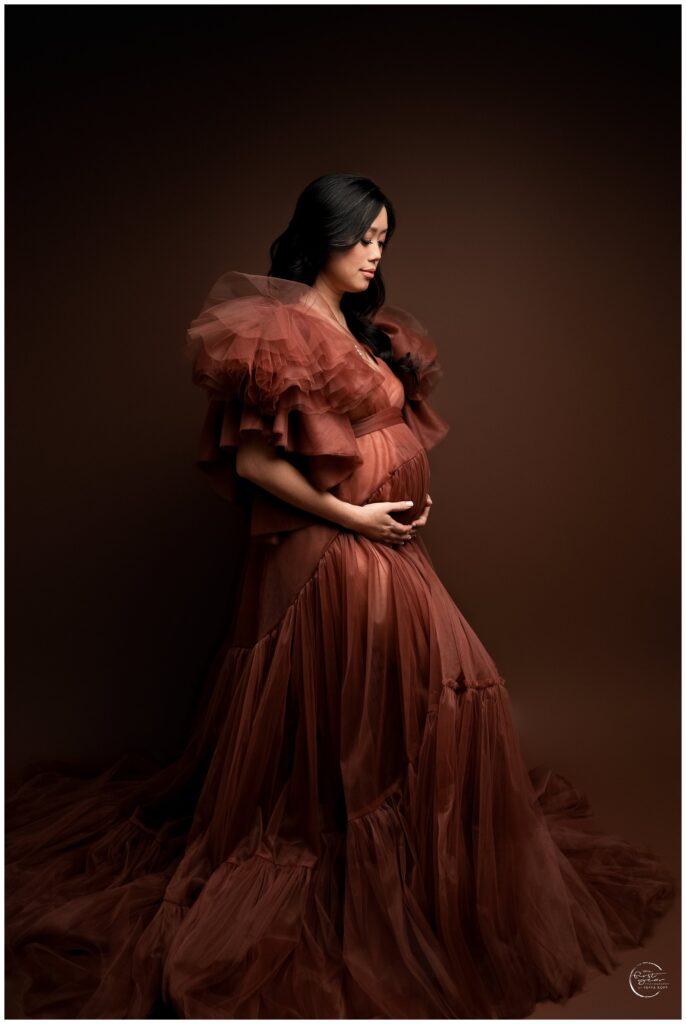 Beautiful pregnant woman in a flowing brown tulle gown, maternity photoshoot in a studio setting.